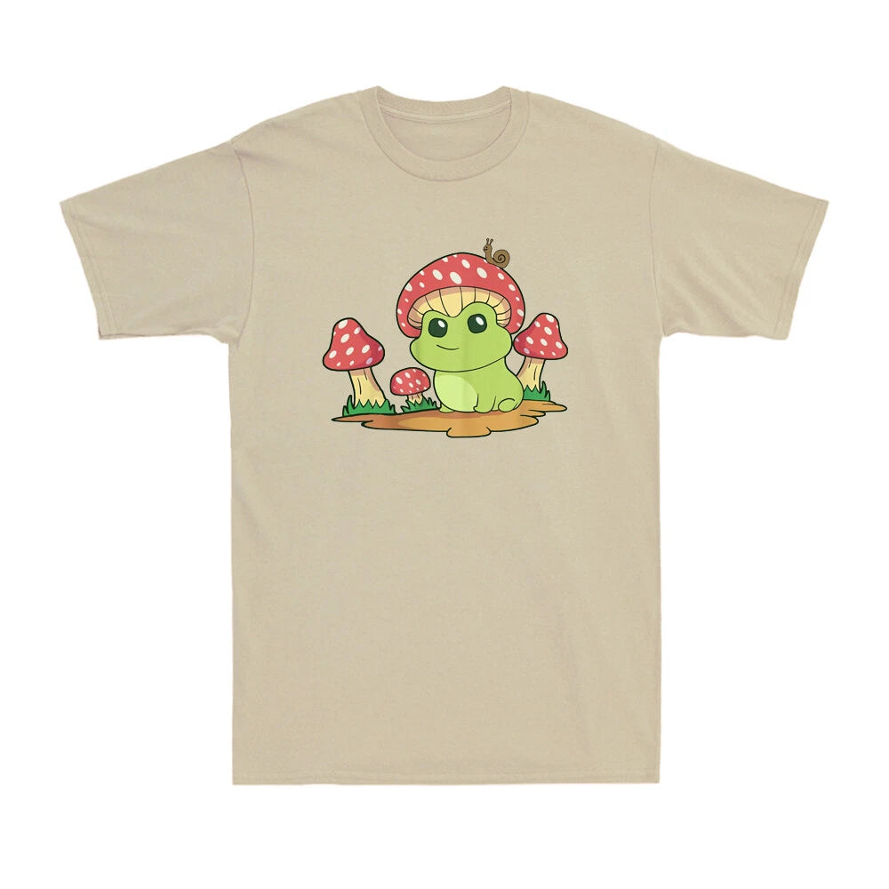 Frog With Mushroom Hat & Snail Funny Kawaii Frog & Fungi Men's Cotton T-Shirt