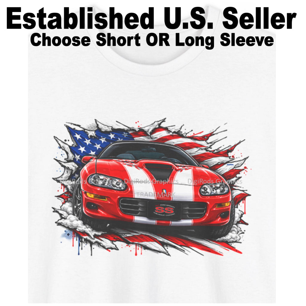 DigiRods Camaro SS 35th Anniversary 2002 Model American Flag Cartoon Car T Shirt