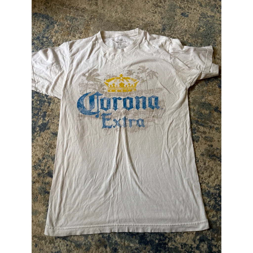Corona Extra Mens White Graphic T-Shirt Palm Tree Beach Scene Size Medium M