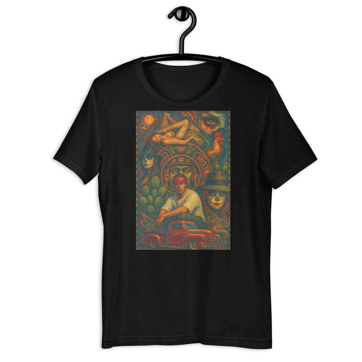 Chicano Red Truck – Aztec Lowrider Mexican Art Graphic Tee Unisex , , , Long Sleeve Tee