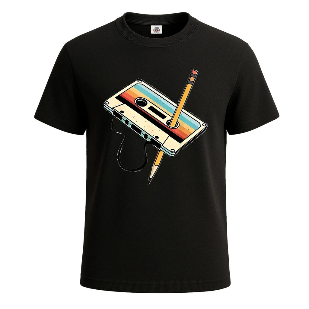 80s Cassette Tape Pencil 1980s Retro Vintage Mens T-Shirt Party Novelty Tee Top