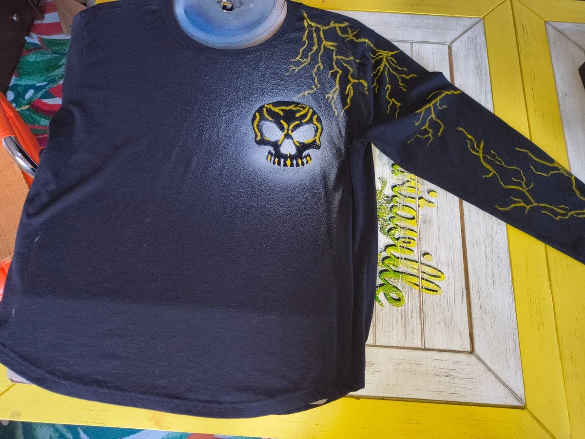 Skull, Lightning, Gothic themed hand-painted Unisex , , , Long Sleeve Tee
