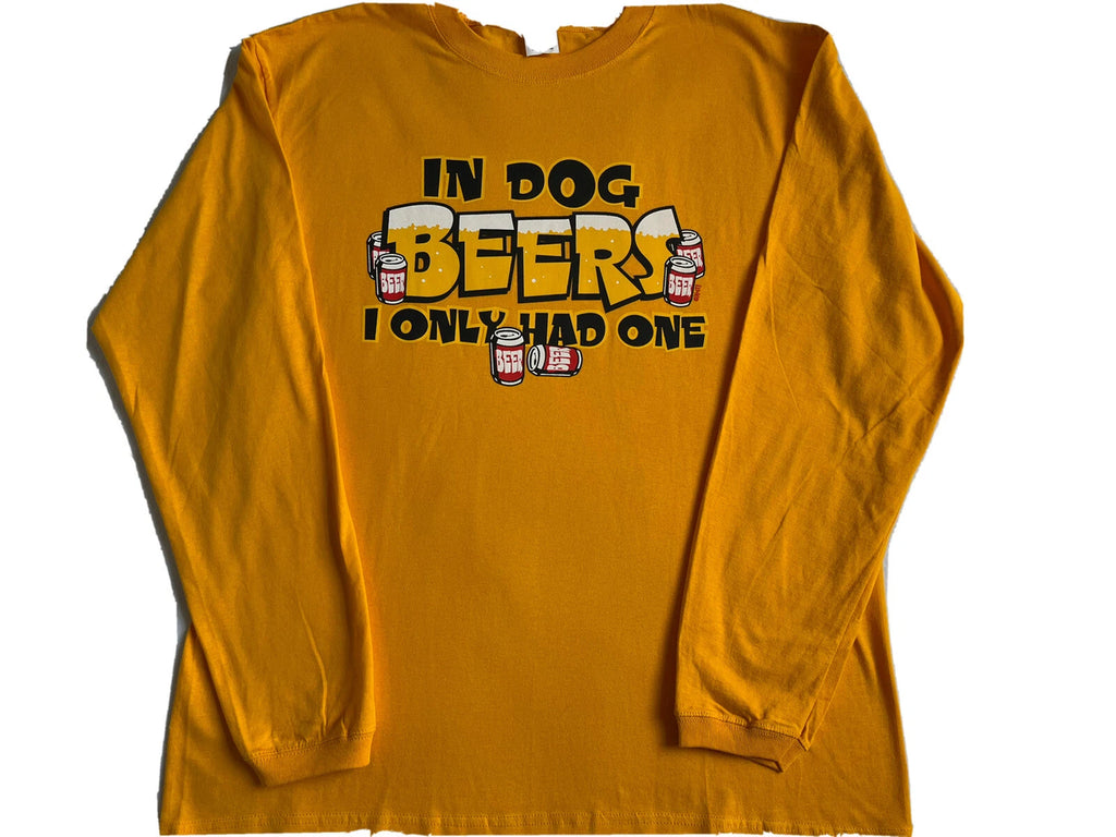 Dog Beers Graphic on Gold Long Sleeve T-Shirt Adult XL Unisex 100% Cotton