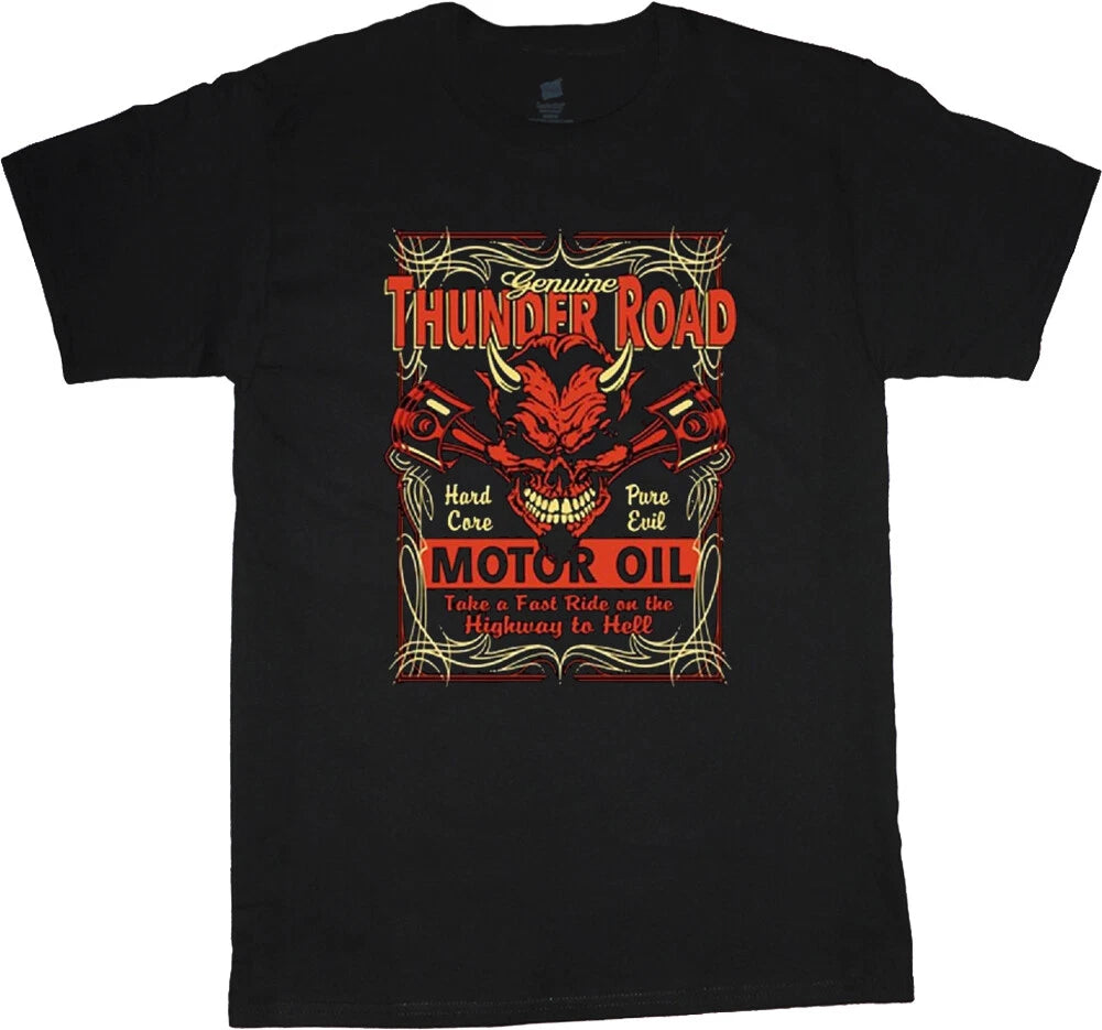 Mens T-shirt Biker Design Drag Racing Devil Horns Thunder Road Motor Oil Tee