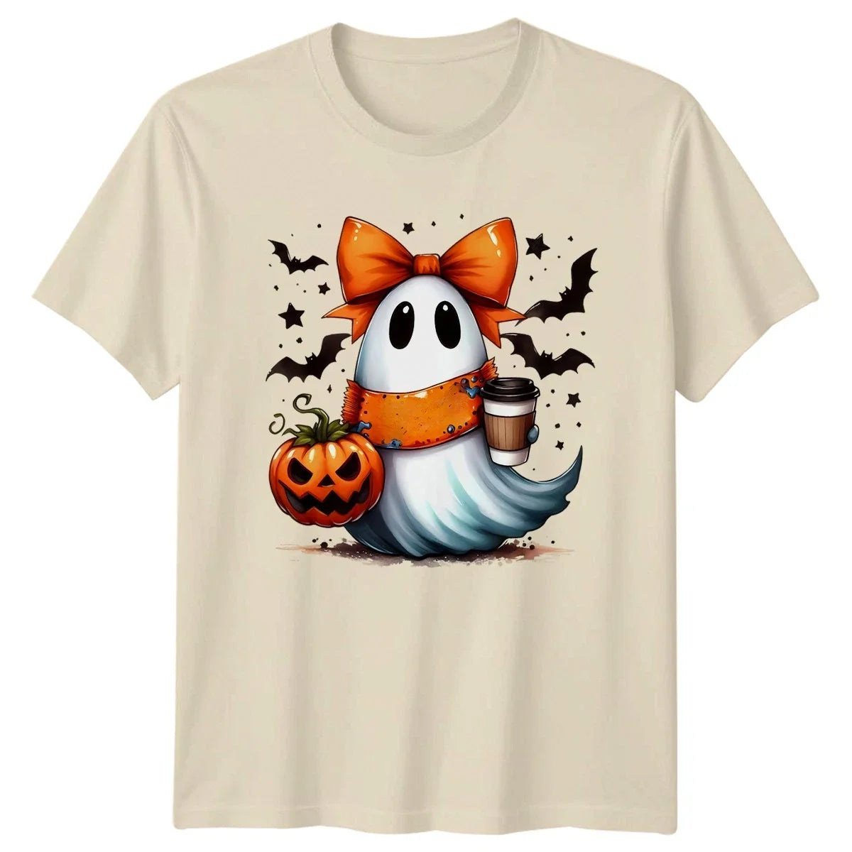 Cute Ghost Pumpkin Coffee Autumn Halloween Mens Womens Graphic Tee Unisex , , , Long Sleeve Tee
