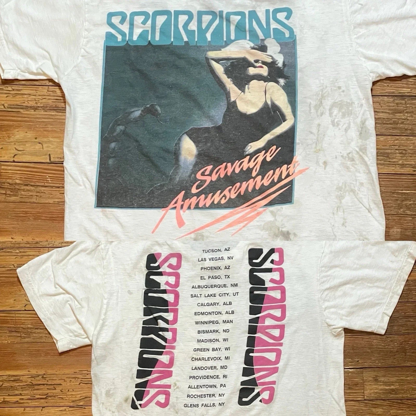 Vintage 80s Scorpions Shirt Size Large Band Tour Rock Metal Thrashed Stained Unisex , , , Long Sleeve Tee