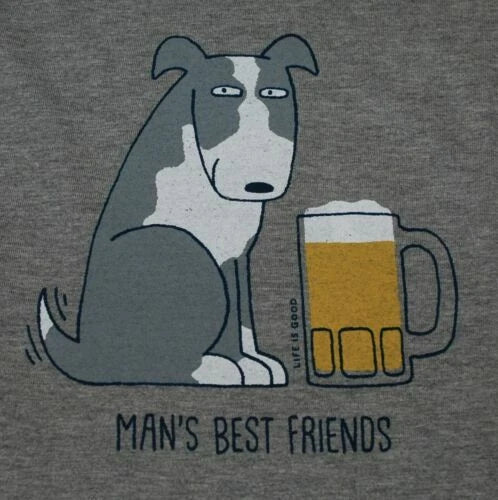NWT Men's Life is Good Man's Best Friends Dog Beer Gray LS Crusher Tee