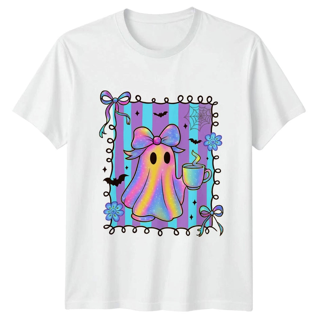 Iridescent Ghost Coffee Bow Womens T-Shirt Kawaii Pastel Goth Halloween Gift