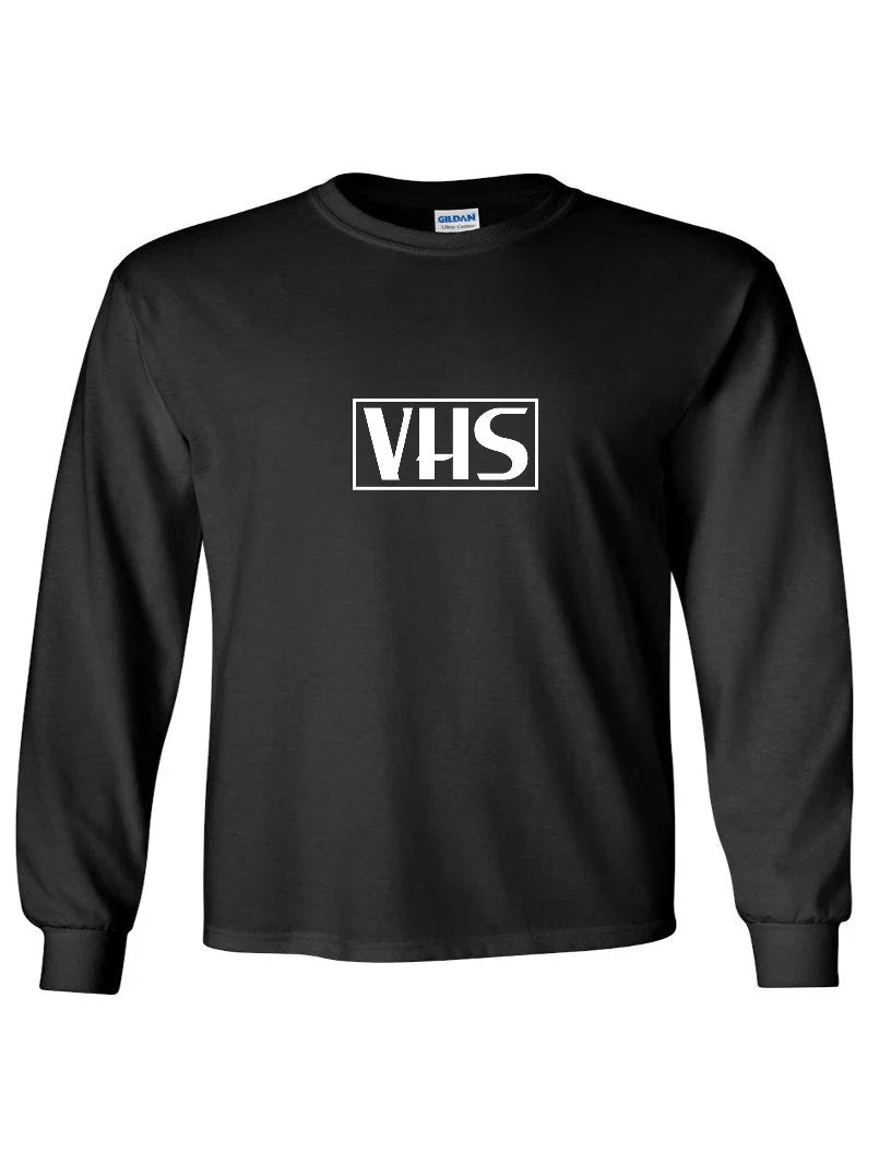VHS Logo VCR Video Tape Retro White Logo Cool 80's Black Long Sleeve Unisex , , , Long Sleeve Tee
