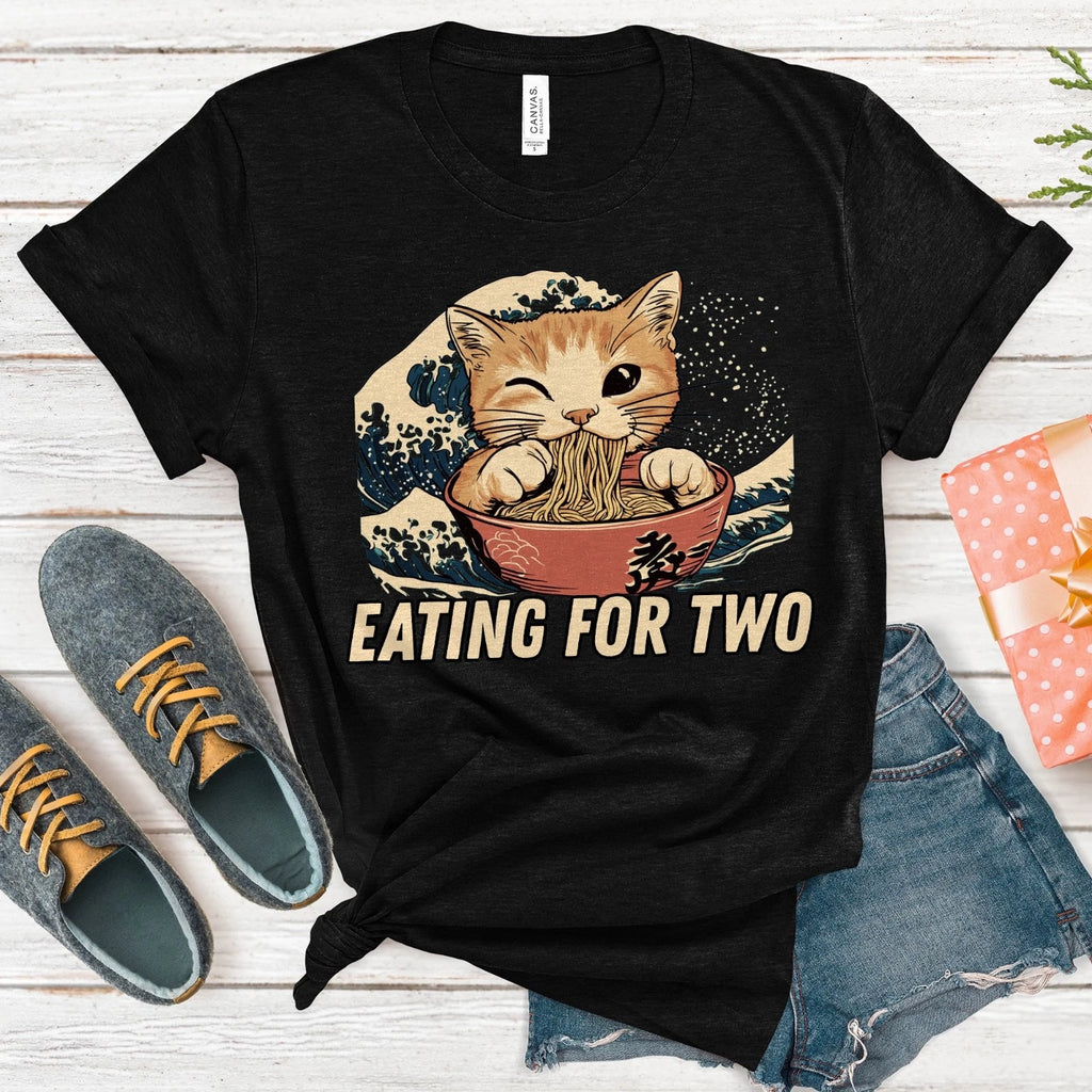 Eating For Two Ramen Cat Funny Pregnancy Announcement Tee, Kawaii Noodle Kitten