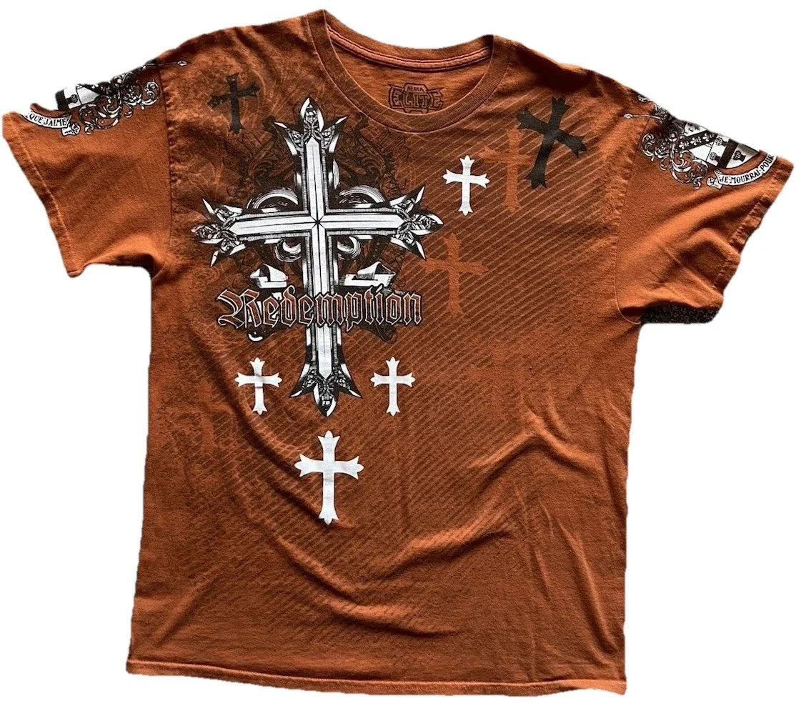 Y2K Grunge Orange And Black Cross Graphic MMA Size L No Flaws Unisex , , , Long Sleeve Tee
