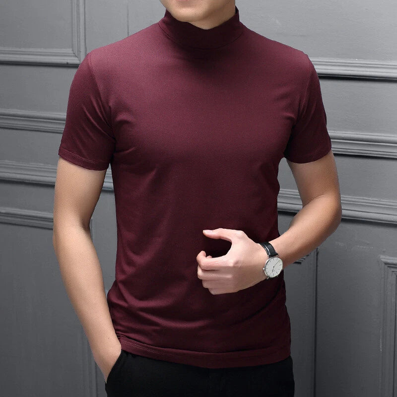Mens Mock Turtleneck T-shirt Pullover Short Sleeve Solid Slim Fit Top Undershirt