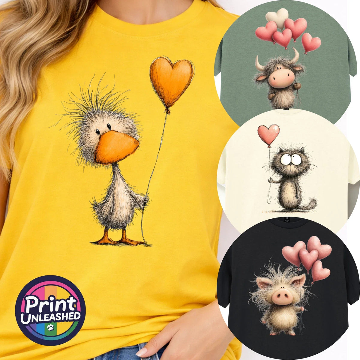 Cute Animal Heart Balloons Top Cow Cat Duck Pig Gildan Tee Unisex S-2XL Unisex , , , Long Sleeve Tee