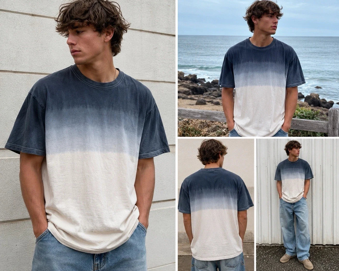 Courtsmith USA Made Dip Dye Ombre T Shirt Beige Gray Grunge Surf Large Unisex , , , Long Sleeve Tee