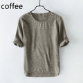 Men Striped T-shirt Linen Cotton Top Tee Shirt Short Sleeve Casual Summer