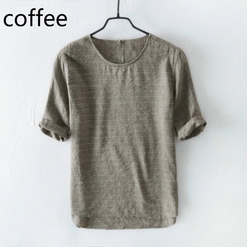 Men Striped T-shirt Linen Cotton Top Tee Shirt Short Sleeve Casual Summer