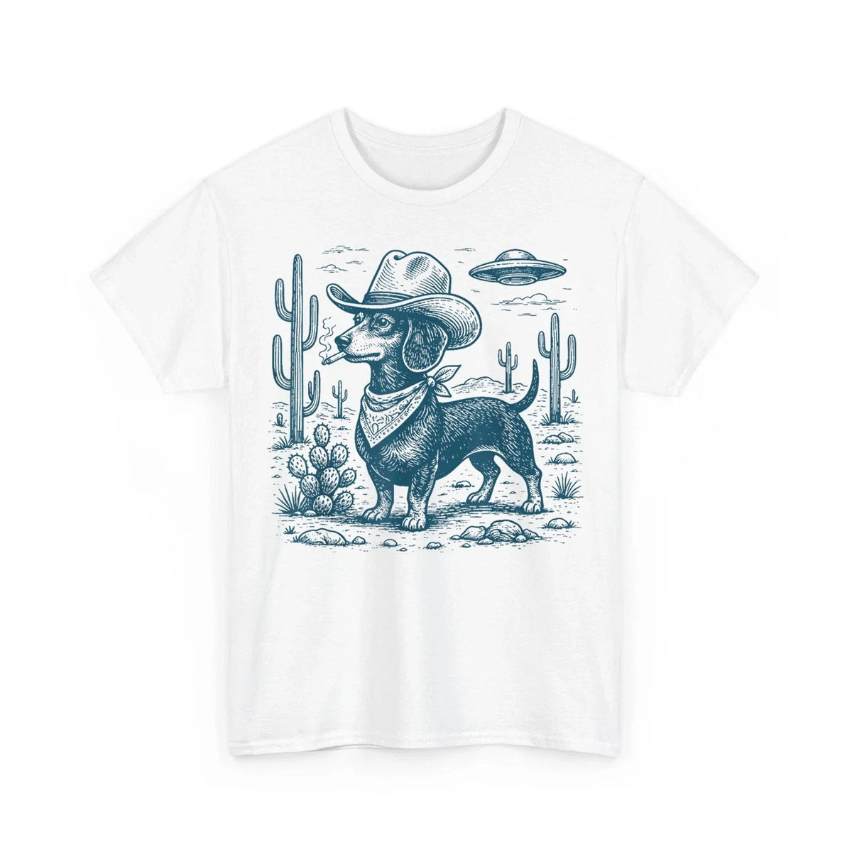 Western Cowboy Dog Smoking with UFO Dachshund Dog Funny Unisex Unisex , , , Long Sleeve Tee