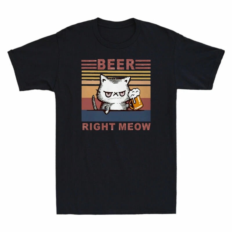 Right Gift Cotton Tee Funny Men's Cat Beer T-Shirt Cat Lover Vitage Meow
