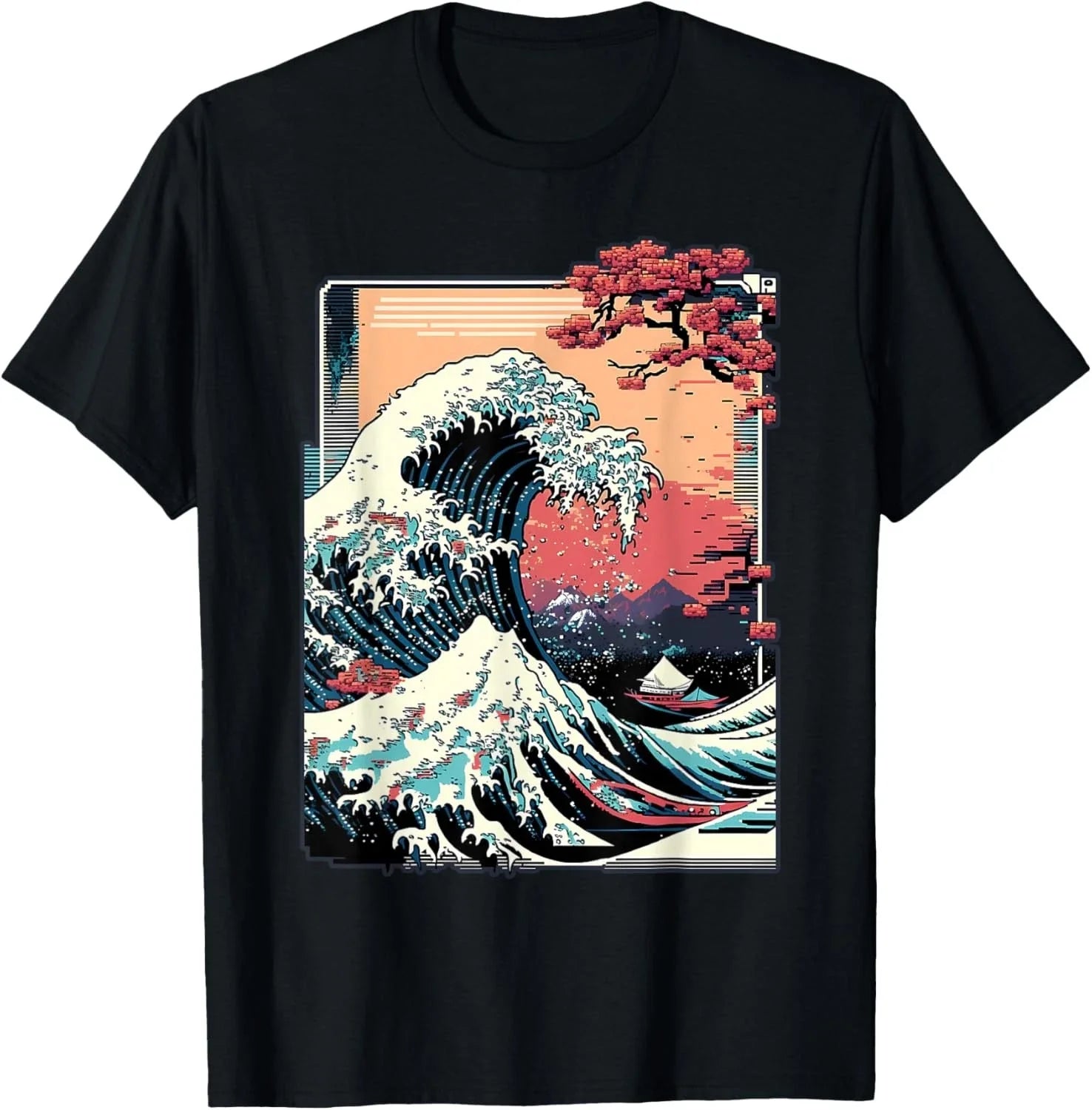 Vaporwave Glitch Aesthetic Great Wave off Kanagawa Retro Unisex , , , Long Sleeve Tee