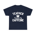 Teacher Powered By Caffeine Funny Coffee Graphic Tee Shirt, S-5XL