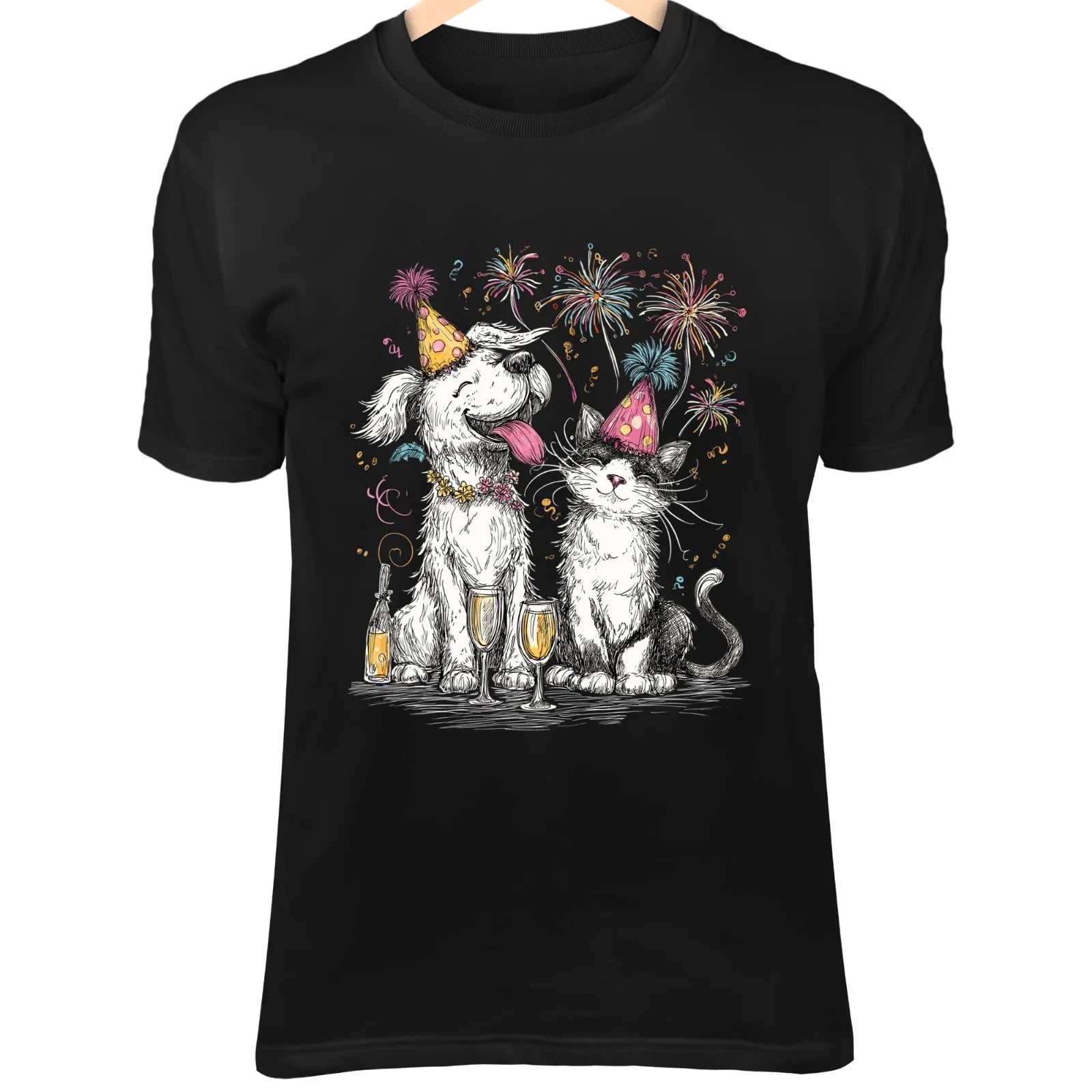 Holiday Dog & Cat Line Art - Minimalist with Party Hats, Fireworks & Champagne Unisex , , , Long Sleeve Tee