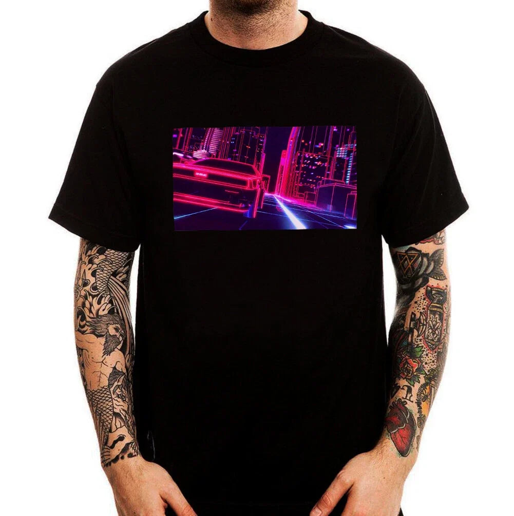 Retro Sport Car Digital City Night Aesthetics Men's Printed Cotton Top Unisex , , , Long Sleeve Tee