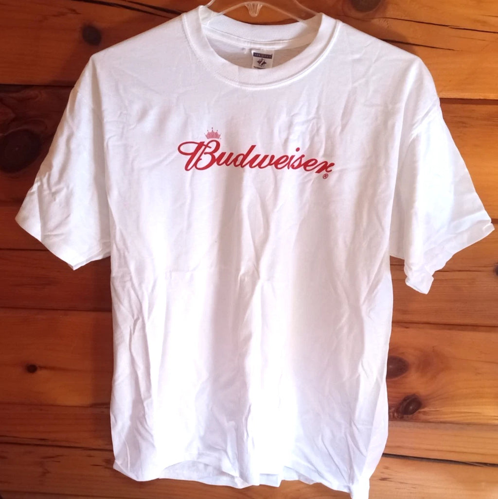 Vtg BUDWEISER Beer Jerzee T-Shirt, Red Script On White, NOS in Package, SIZE XL