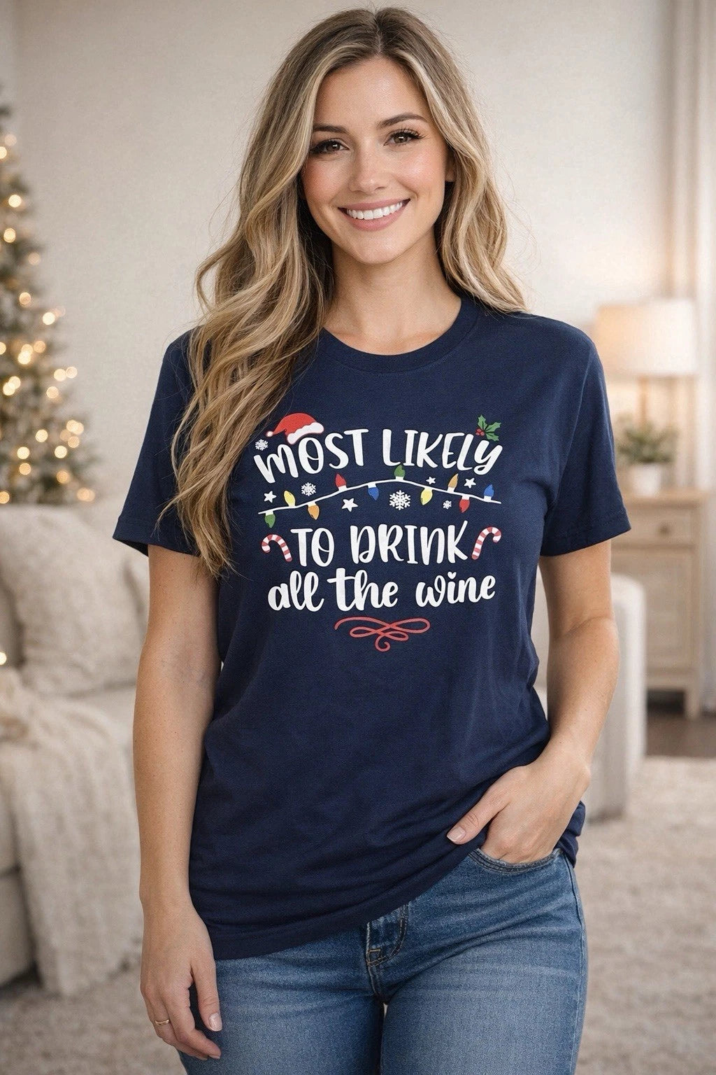 Christmas Most Likely To Drink All The Wine XL Unisex T-Shirt Dark Blue
