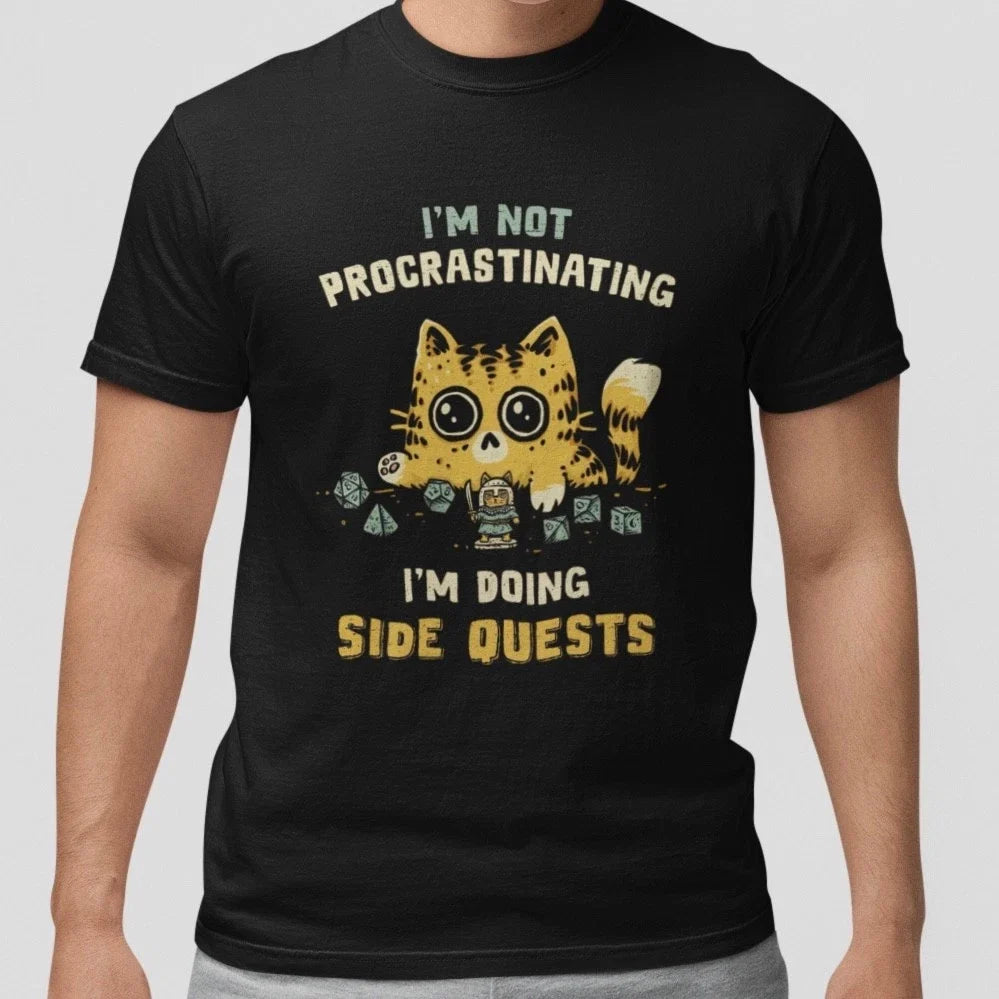 Cute Cat Side Quests Gamer Tee Funny Procrastinating RPG Dice Graphic Unisex , , , Long Sleeve Tee