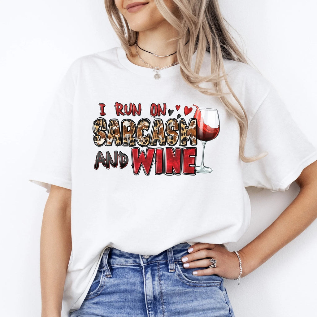 I run on sarcasm and wine T-Shirt Sarcastic wine lover Unisex Tee Sand White Spo