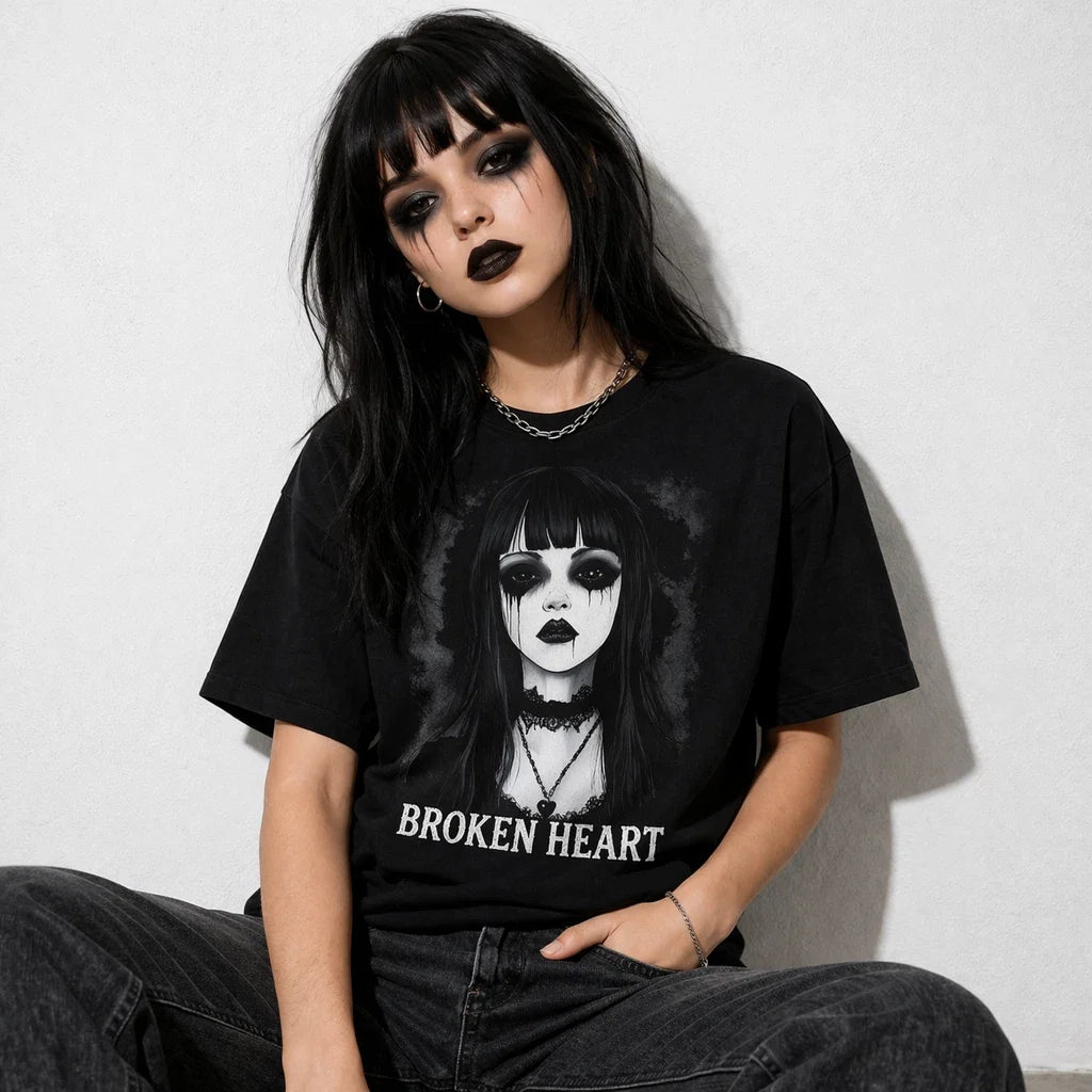 Broken Heart Gothic Girl TShirt Women Streetwear Emo Aesthetic Graphic Grunge Unisex , , , Long Sleeve Tee
