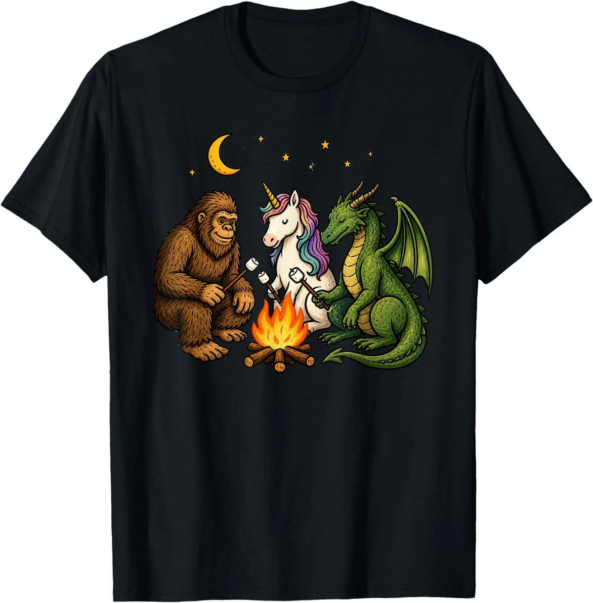 Cute Bigfoot Unicorn Dragon Campfire Camping Unisex , , , Long Sleeve Tee