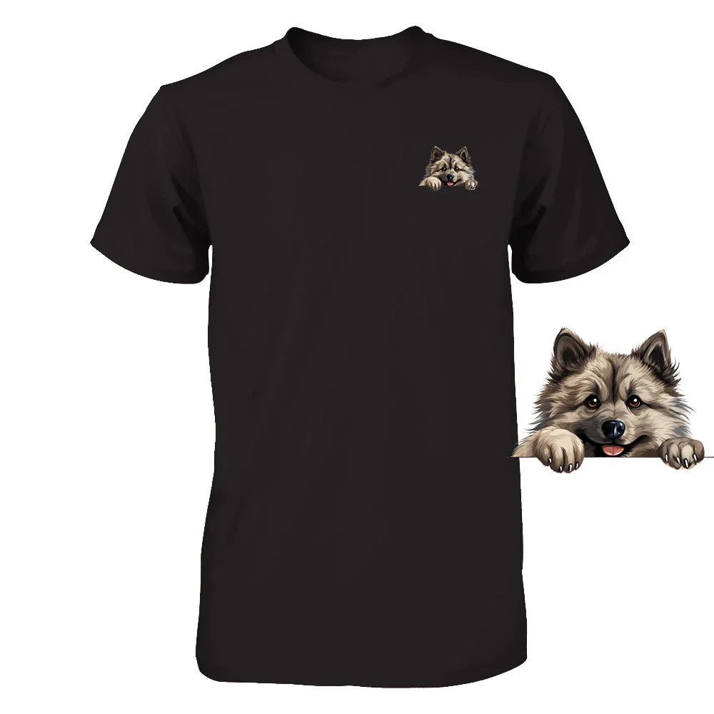 Funny Keeshond Dog Peeking Pocket Tshirt Cute Puppy Dog Lover Tee Print Gift Unisex , , , Long Sleeve Tee