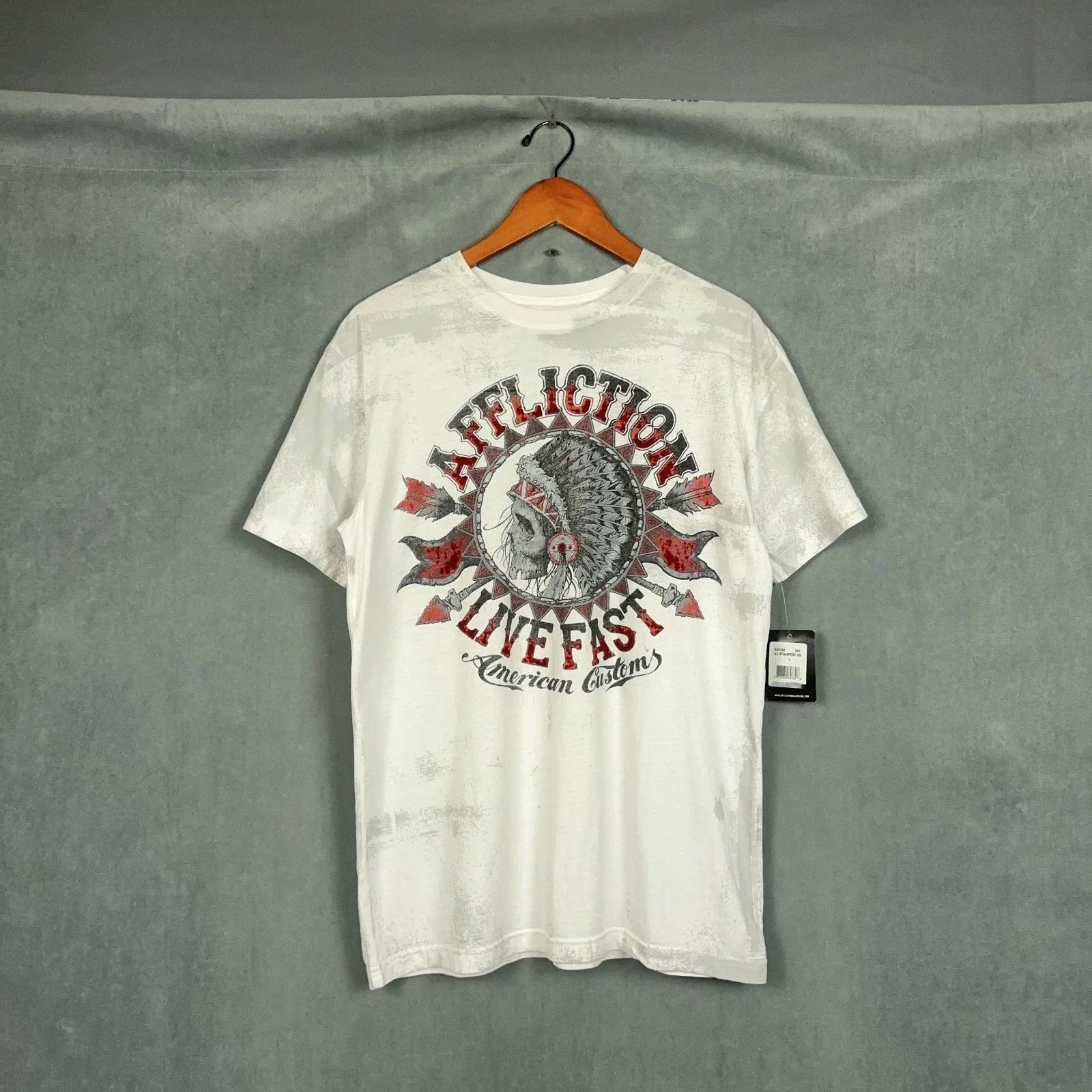 Vintage Y2K Affliction t shirt Mens Size Large White Indian Skull Grunge Biker Unisex , , , Long Sleeve Tee