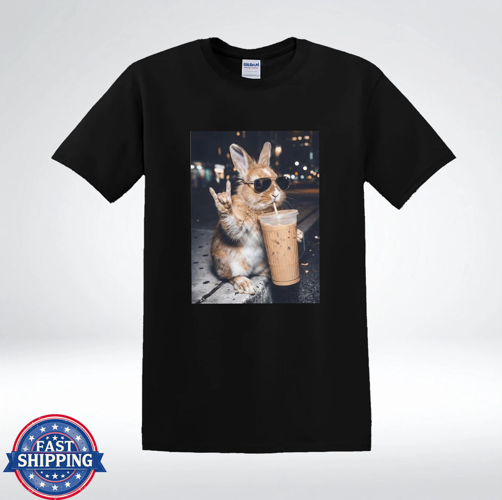 Cool Bunny With Sunglasses Drinking Iced Coffee Funny Animal T-Shirt