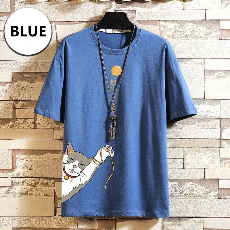 Mens Japanese Cartoon T-Shirt Cat Printed Loose Breathable Plus Size