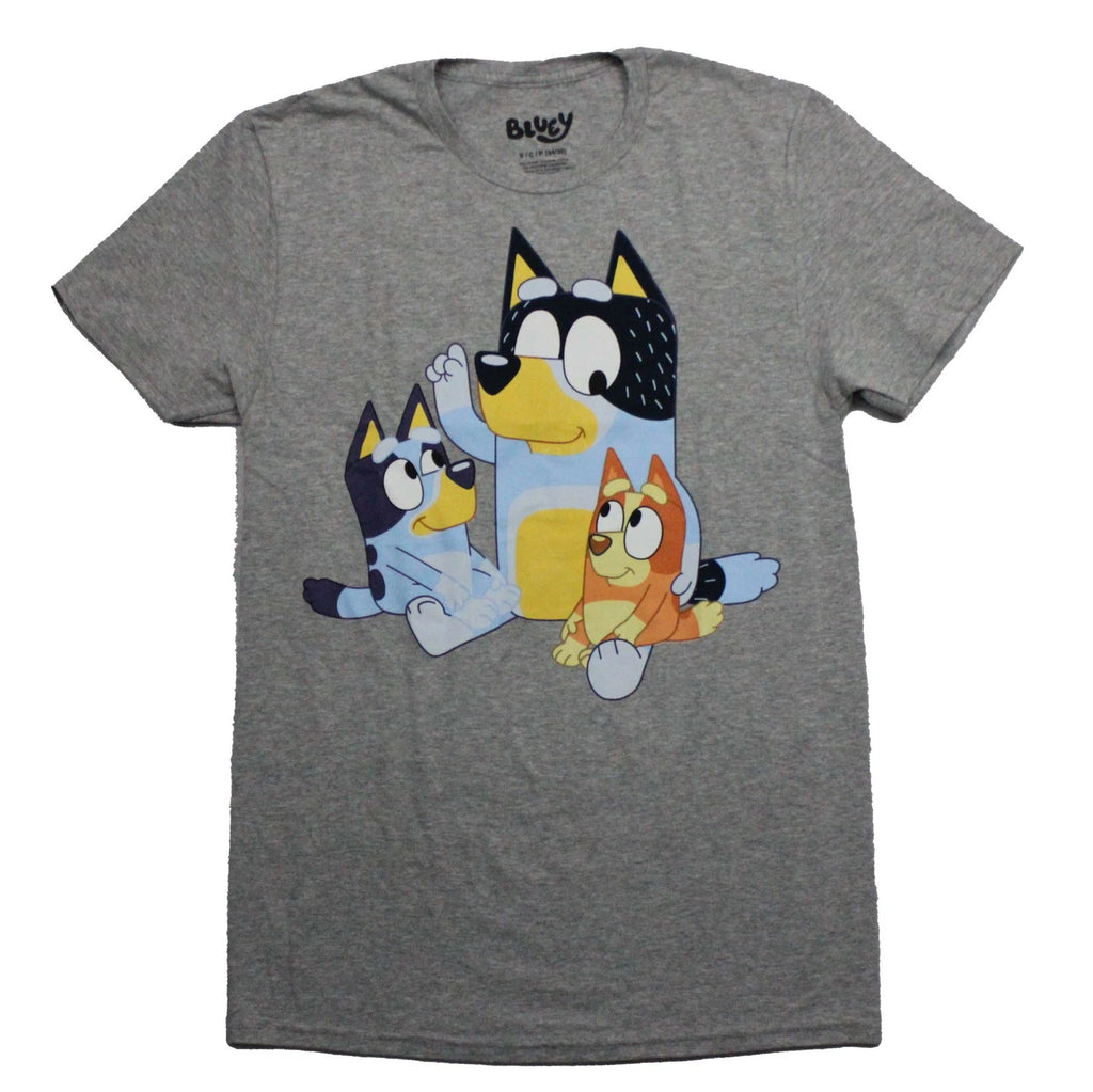 Bluey New Adult T-Shirt - Bandit Sitting with Bingo and Bluee