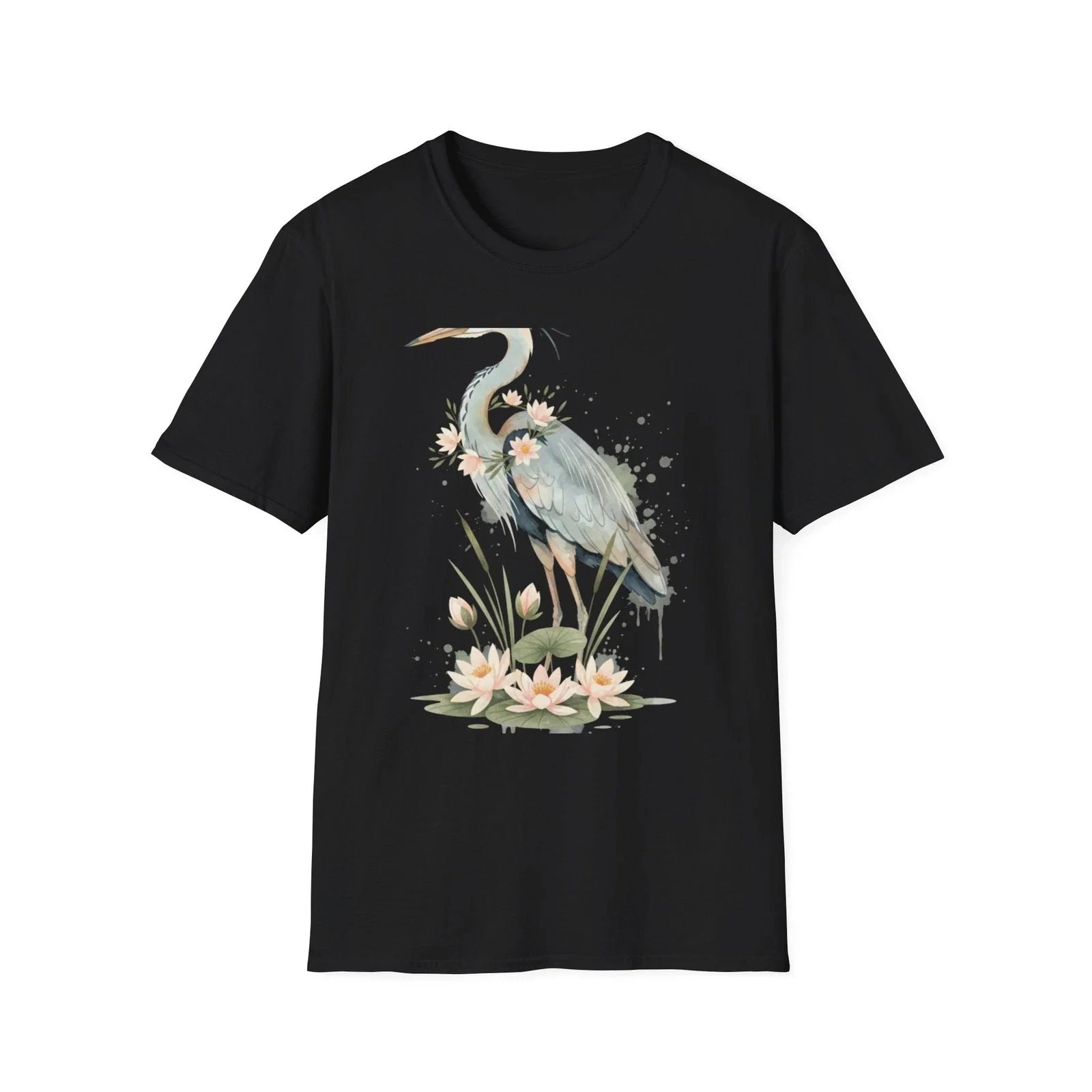 Heron Water Lily Floral Watercolor Nature Black Tee Aesthetic Graphic Unisex , , , Long Sleeve Tee