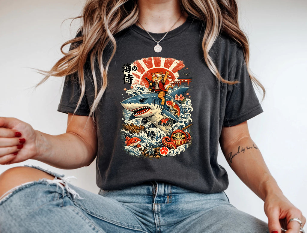 Samurai Cat Riding Shark T-Shirt Japanese Kawaii Anime Ocean Graphic Tee