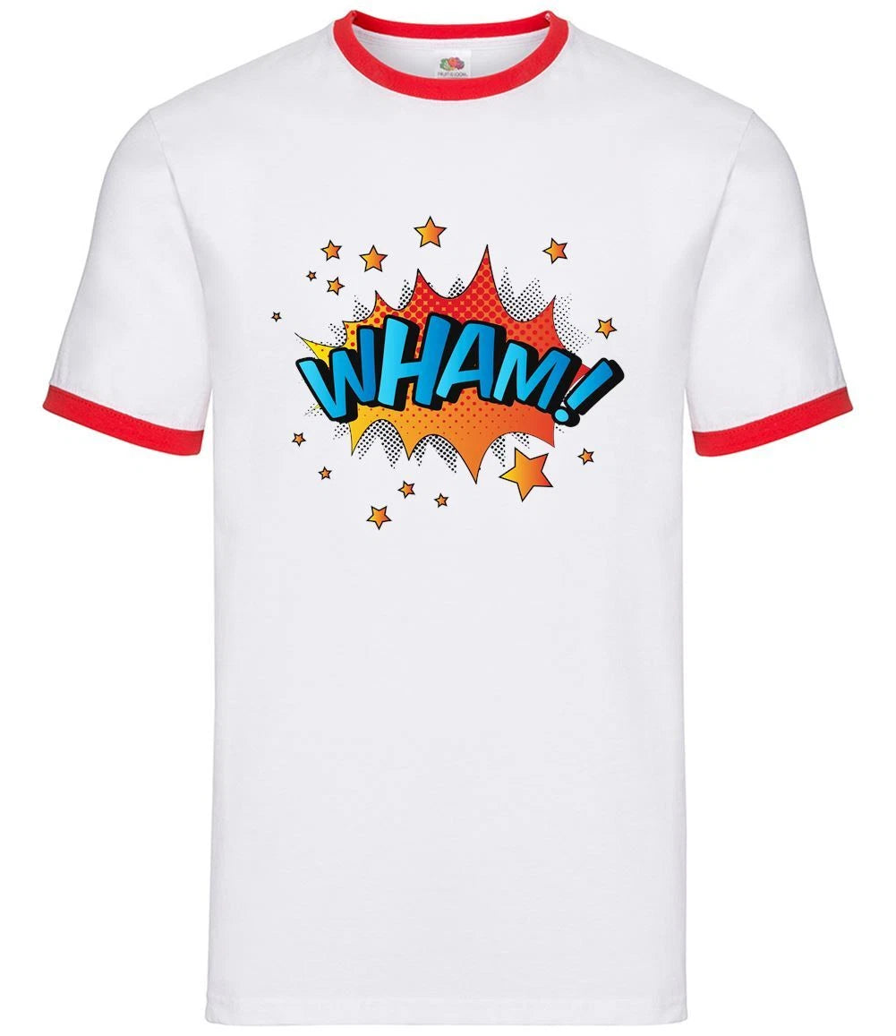 Superhero Wham! Word Art - Mens Ringer - Comic Hero Pop Art Graphic Novel Heroes