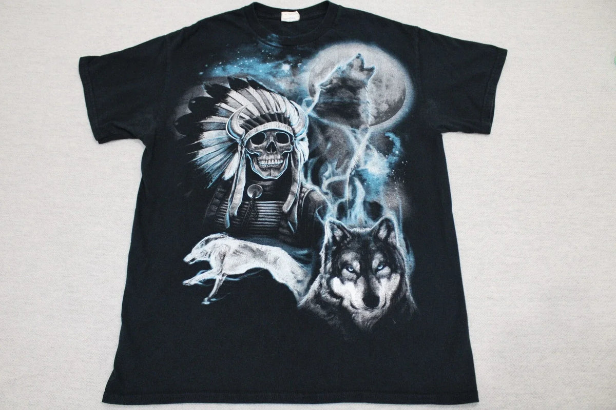 Vintage Wolf Moon Skull Adult Medium Black Wolfie Aesthetic Unisex , , , Long Sleeve Tee
