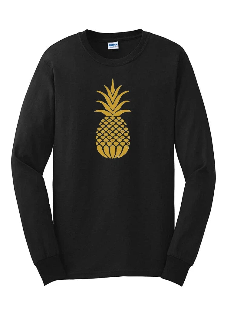 Gold Pineapple Long Sleeve Tee Cute Food Fruit Hawaiian Tropical Island T Shirt Unisex , , , Long Sleeve Tee