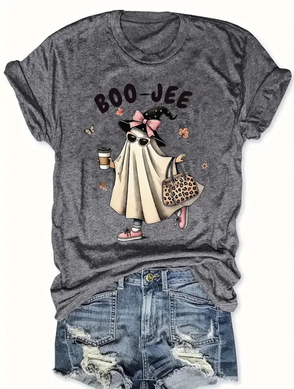 Women's Halloween Boo Jee T shirt All Sizes Ghost Leopard Print Coffee Lover NEW