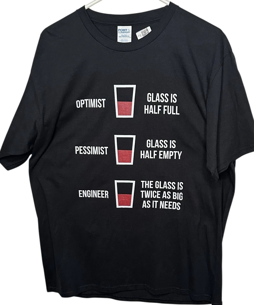 Port & Co Ring Spun T-Shirt Sz M Black Unisex Engineer Glass Half Full Fun Joke