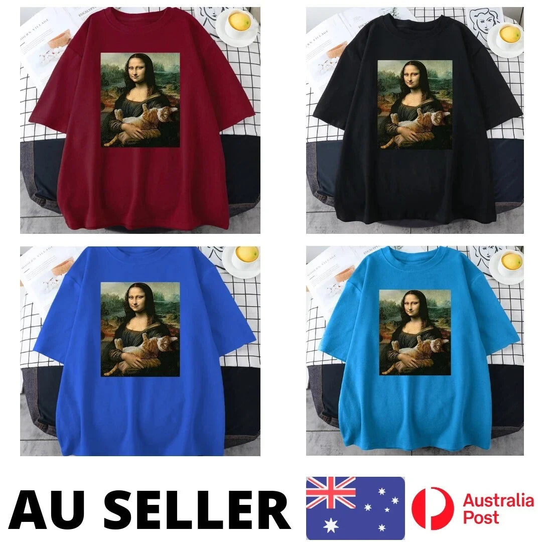 Famous Painting Mona Lisa Shirt Hold Cat Creativity - AU Stock Unisex , , , Long Sleeve Tee