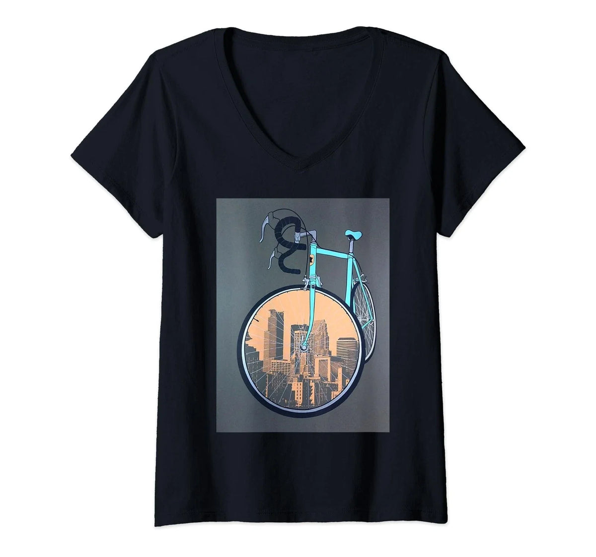 Womens Cool Aesthetic Blue Bicycle, Sepia, City , Gray Background V-Neck Unisex , , , Long Sleeve Tee