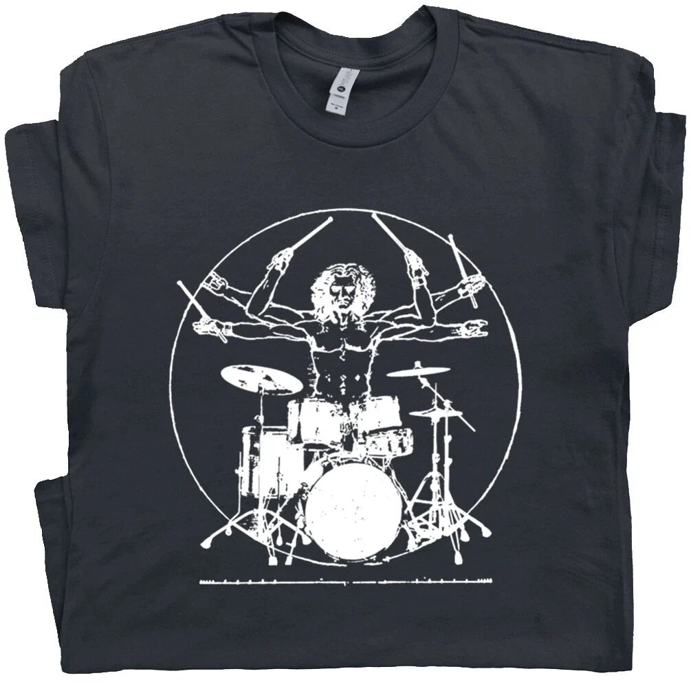 Drums T Shirt Vintage Set Cool Drummer Graphic Vitruvian Man Drumming Men Women Unisex , , , Long Sleeve Tee