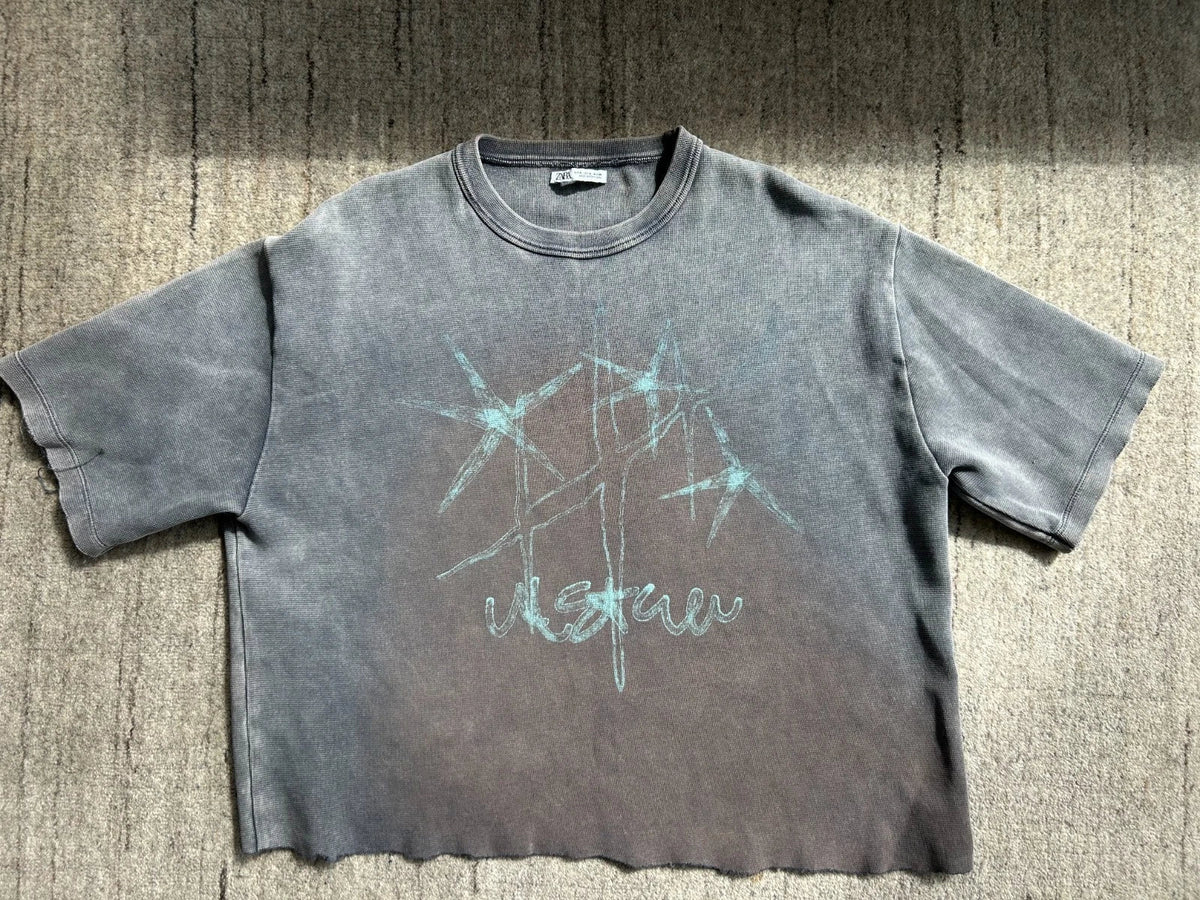 Zara washed out aesthetic grey graphic vintage look t shirt men size M Unisex , , , Long Sleeve Tee
