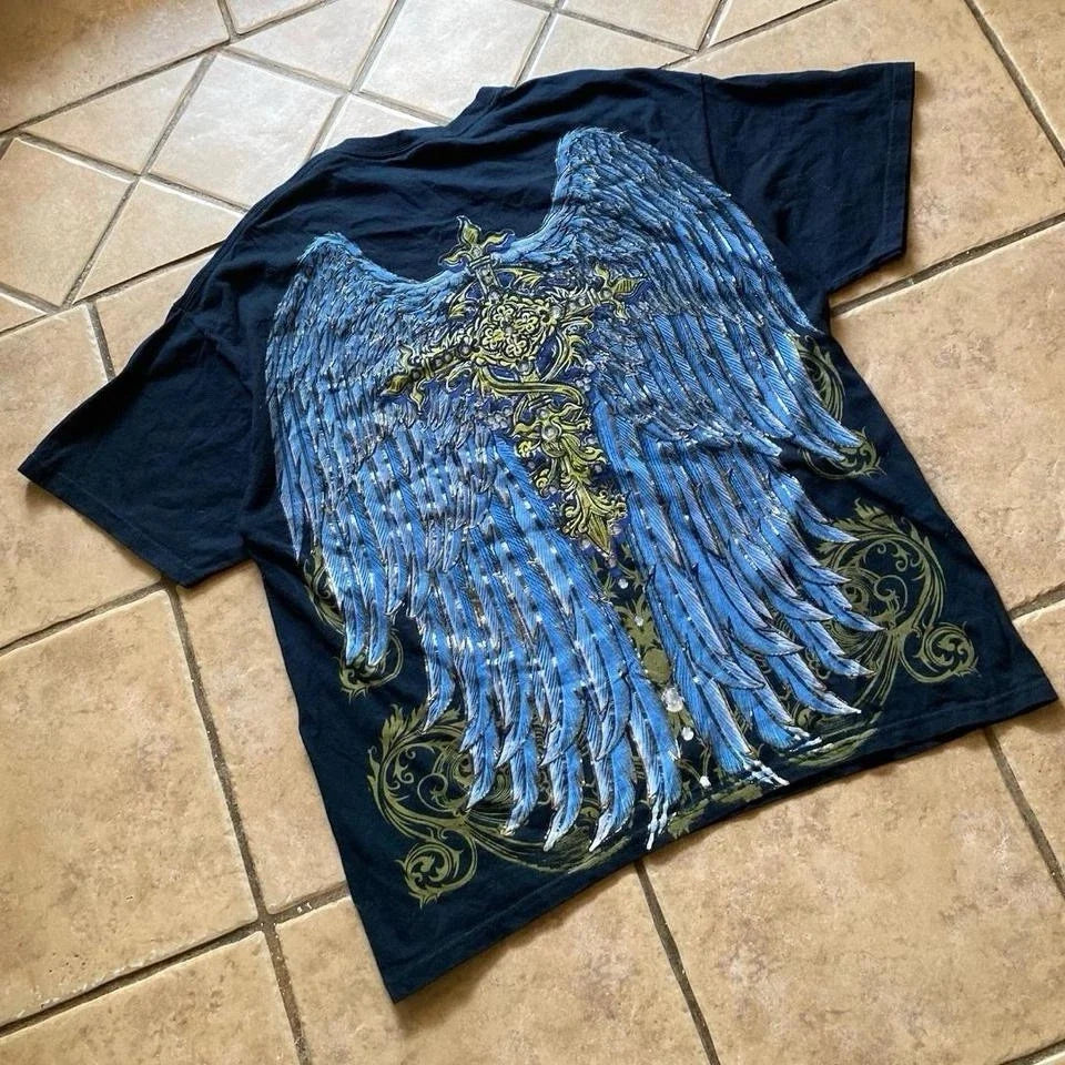 Y2K Grunge Style Wings and Cross Tribal Graphic Shirt Size XLRG Men's Unisex , , , Long Sleeve Tee