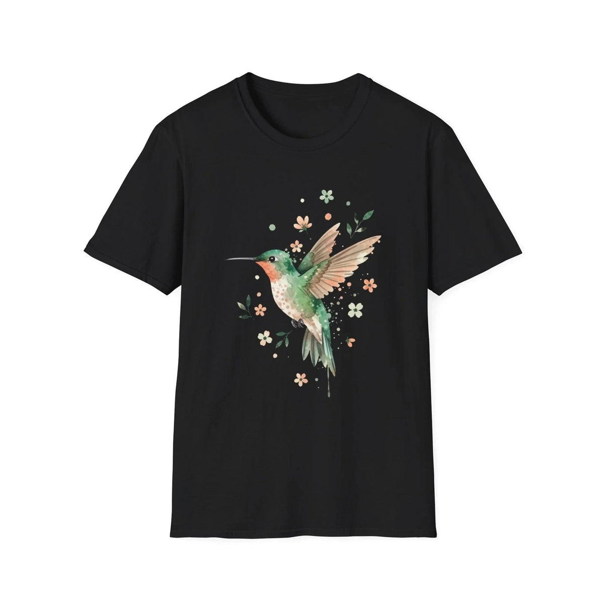 Hummingbird Watercolor Floral Nature Black Tee Aesthetic Print Unisex , , , Long Sleeve Tee